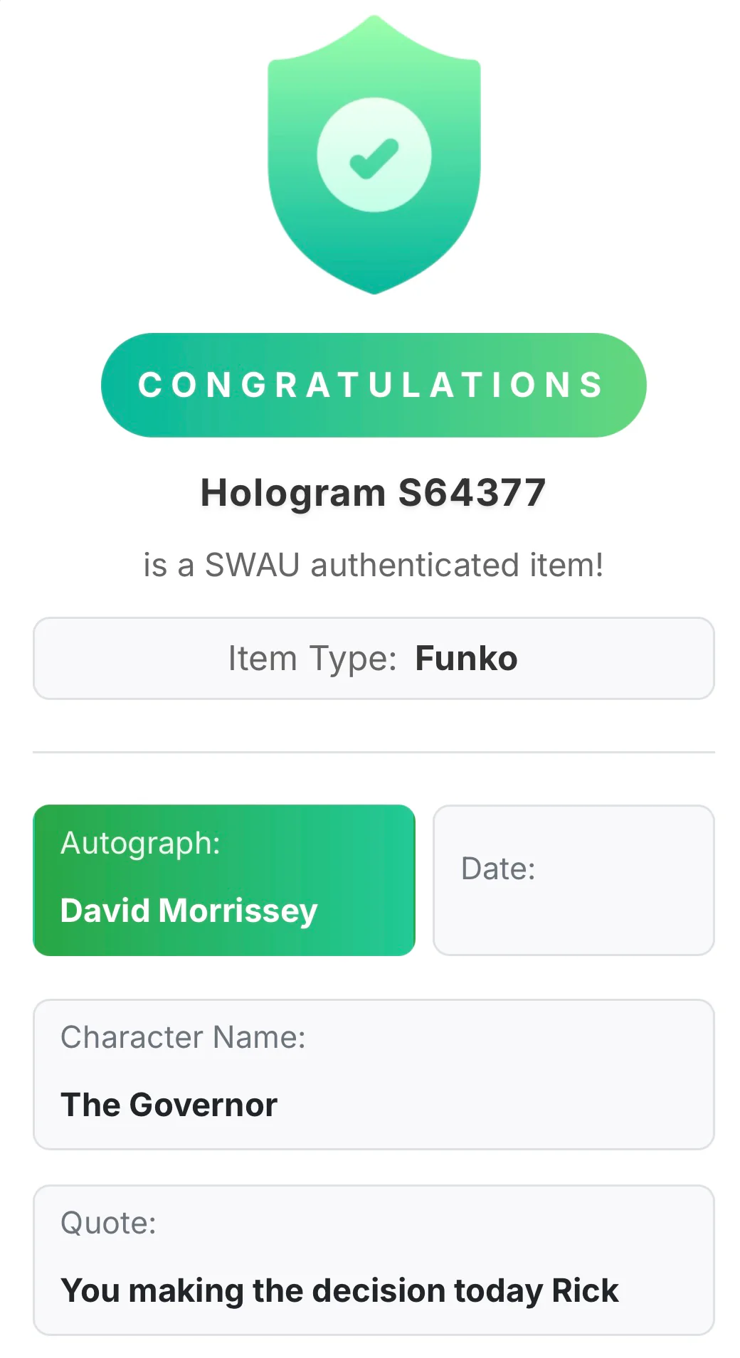 David Morrissey Signed The Governor #66 Funko Pop! - The Walking Dead - Condition 7.5/10 - SWAU Authenticated - Image 7